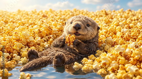 Cute Sea Otter Floating on Back in Giant Sea of Yellow Fluffy Popcorn