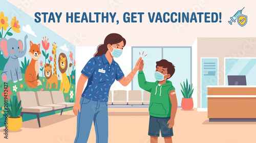 Photos Caring healthcare worker high-fiving a happy vaccinated boy in a colorful pediat