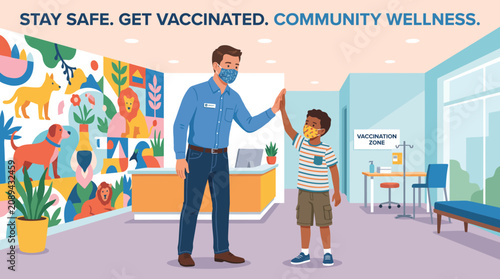 Caring adult and cheerful child wearing masks high-fiving in a modern community clinic, symbolizing successful vaccination efforts for public health campaigns, family wellness, and healthcare