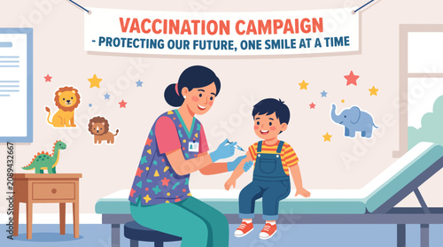 Obraz na plátně Caring nurse administering vaccine to happy child in colorful clinic, concept fo