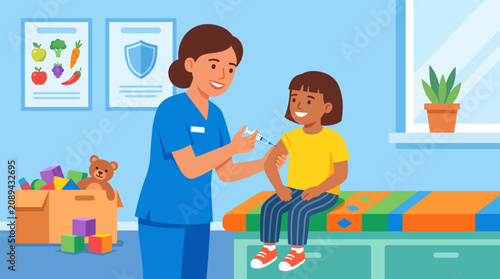 Obraz na plátně Friendly nurse administering vaccine to happy child in bright medical office, co