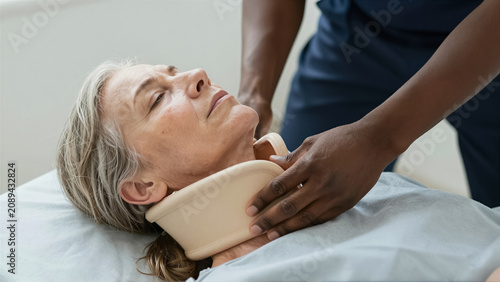 A healthcare professional gently adjusts a cervical collar on an elderly patient. This image highlights dedicated medical care and support during recovery