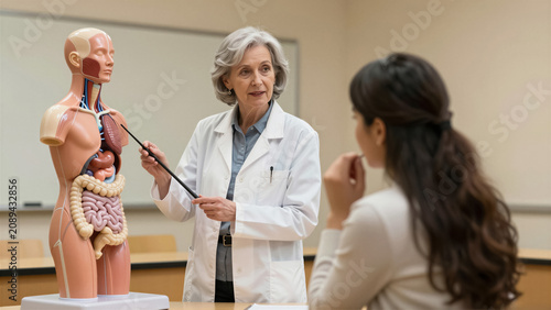 Senior female doctor explaining human anatomy using a medical model to a student. Professional healthcare instructor teaching biology in a university classroom