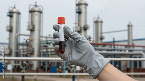 Close-up of a gloved hand holding a blood sample vial. An industrial chemical refinery facility stands in the background. Professional laboratory analysis and quality control