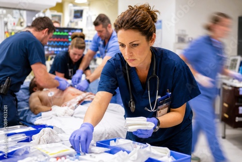 Emergency room nurse treating patient medical team hospital intensive care female nurse blue uniform stethoscope gloved hand urgent care trauma care