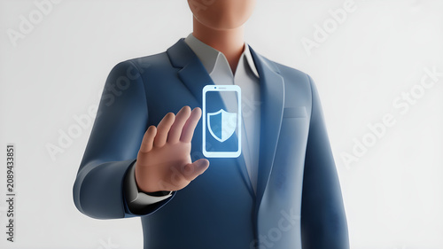 Abstract illustration of 3d businessman character holding glowing blue smartphone icon with security shield representing mobile data protection app.
