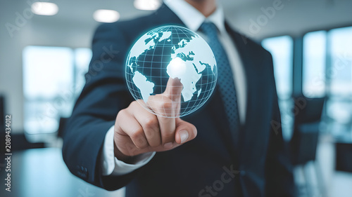 Close up of businessman hand touching virtual earth globe grid icon representing global network technology and digital communication in bright office space.
