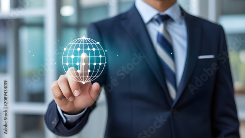 Close up of hand touching glowing digital wireframe globe representing worldwide internet data and global communication network in professional workspace.