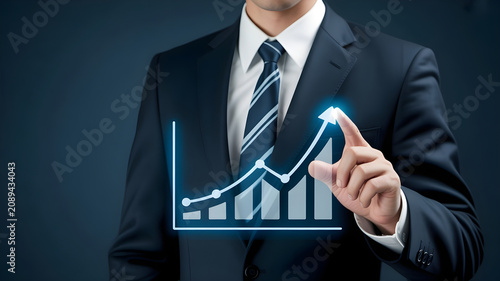 Corporate executive interacting with holographic rising graph and arrow indicators to demonstrate positive market performance and company profitability.