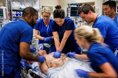 Emergency room medical team performing cardiopulmonary resuscitation on patient in hospital intensive care unit