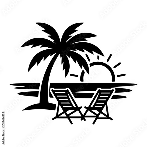 Modern tropical beach logo with palm tree, beach chairs, sunset horizon, and calm sea in bold black silhouette