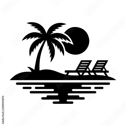 Tropical beach emblem in bold black silhouette with palm, sun, water reflection, and lounge chairs
