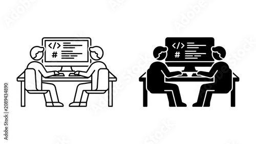 Tableau sur toile Coding Pair Programming: Two individuals collaborate side-by-side at a computer, engrossed in the process of software development, indicated by lines of code on the screen