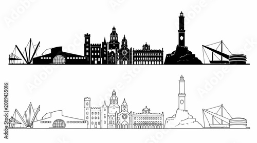 Genoa City Skyline Silhouette in Black and White Outline
