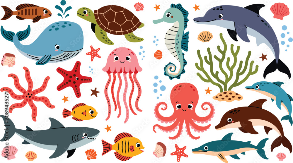 Fototapeta premium Marine wildlife flat vector illustration bundle. Shark, whale, sea turtle, jellyfish, seahorse, octopus, dolphin, starfish and colorful reef fish build a crowded underwater collection.