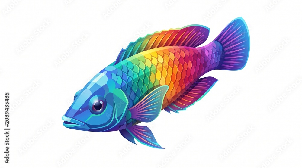 Fototapeta premium Vibrant cartoon fish with rainbow gradient scales. Colors shift from blue to green, yellow, orange, red, then purple across its body and fins.
