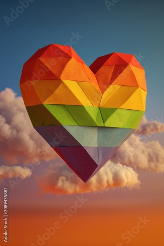 Geometric Pride Heart Floating in Dreamy Sky Above Clouds Symbolizing Love and Acceptance with a Low Angle View