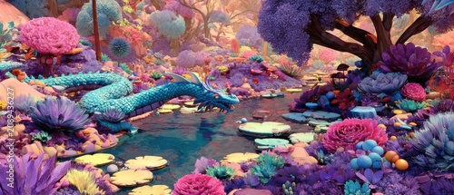 Turquoise Dragon Swimming in Colorful Fantasy Pond Landscape Eye-Level View Lush Flora Fauna