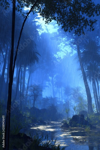 Tropical Rainforest Scene with Rain and River, Low Angle, Dramatic Lighting, Lush Greenery, Moody Atmosphere