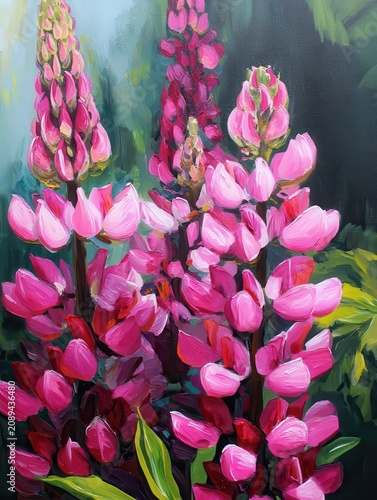 Vibrant pink lupine flowers in bloom oil painting close up view in garden setting colorful floral art