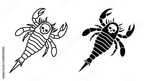 Schilderij op canvas Scorpion with Skull Symbol: A graphic representation of a scorpion, featuring a skull design on its head, presented in both outline and solid black versions