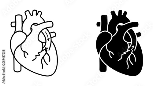 Bild auf Leinwand Human Heart Icon Pair: A set of two human heart icons, one outlined in black and the other solid black, illustrating the vital organ and its circulatory pathways