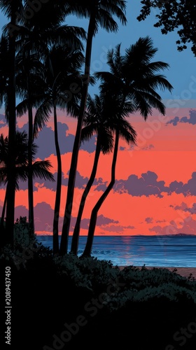 Tropical Sunset Palm Trees Silhouette Serene Ocean View Exotic Beach Paradise Vacation Destination Coastal Artwork