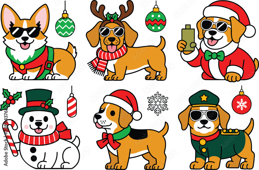 Fototapeta premium Christmas dog collection with cute cartoon corgi beagle dachshund wearing santa hat and winter scarf
