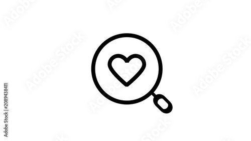 Search Favorites Love Matching Magnifying Glass Animated Icon. Outline animation icon showing magnifying glass inspecting heart symbol, representing favorite search results, dating matching discovery.
