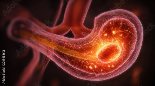 Glomerulus close up view showing filtration process in kidney nephron anatomical illustration