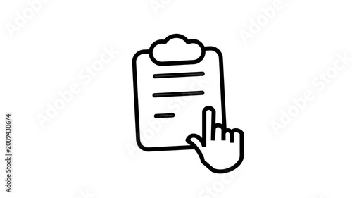 Clipboard Assessment Checklist Data File Inspection Animated Icon. Professional animated icon of hand pointing at clipboard checklist, conceptualizing audit assessment, business data report, task.