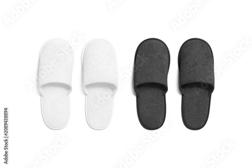 Blank black and white home slippers mockup png, transparent background, 3d rendering. Empty cozy wool slipshoe for hotel or house wear mock up cut out. Clear fluffy footwear for domestic template.