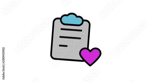 Healthcare Medical Clipboard Patient Report Heart Animated Icon. Colorful line animation icon featuring patient clipboard with pink heart emblem, representing hospital medical checkup report