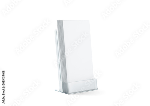 Blank white flyers stack mockup in glass plastic holder png, transparent background, 3d rendering. Dl fliers mock up stand in the acrylic box cut out. Brochure holding in transparent plexiglass.