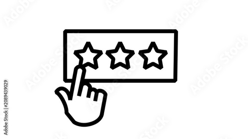 Customer Rating Selection Star Feedback Questionnaire Animated Icon. Linear animated icon showing finger clicking on three star bar representing digital customer experience ranking