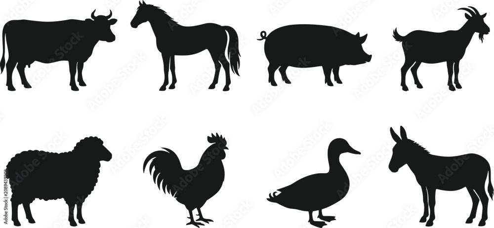 Fototapeta premium Farm Animal Silhouettes Collection with Cow Horse Pig Goat Sheep Rooster Duck Donkey