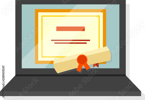 Laptop displays successful online diploma completion, representing modern education, achievement, digital learning opportunities.