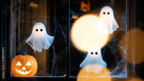 Spooky ghosts and pumpkin lantern in a webbed halloween window scene