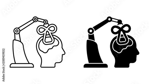 Tableau sur toile Artificial Intelligence Brain Manipulation: A robotic arm manipulates a stylized human brain, symbolizing the intricate relationship between artificial intelligence and human cognition