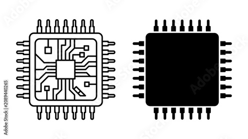 Foto Microchip Schematics: Two microchips, one detailed with circuitry and the other a solid black silhouette, representing the complexity and essence of modern technology