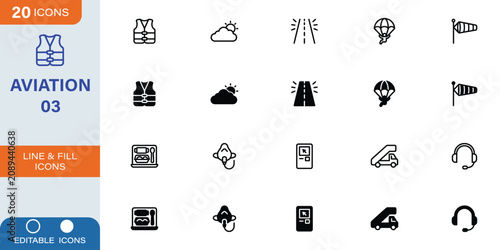 Fotografia Aviation and flight safety line and fill icon set