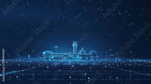 A futuristic airport in the digital space with a starry night sky, composed of lines and dots.
