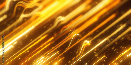 Golden distorted light wave in abstract 3D data visualization. Magic quantum energy particles.