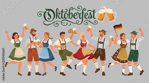 Illustration of people in traditional German clothing celebrating Oktoberfest with beer steins and a festive atmosphere.