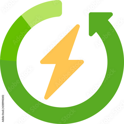 Circular green arrow encompassing yellow lightning bolt symbolizes sustainable power generation, eco-friendly energy solutions.