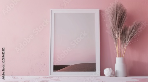 A white frame with a picture of a desert scene hangs on a pink wall with dried grasses in a white vase and a white orb on a white wooden shelf.