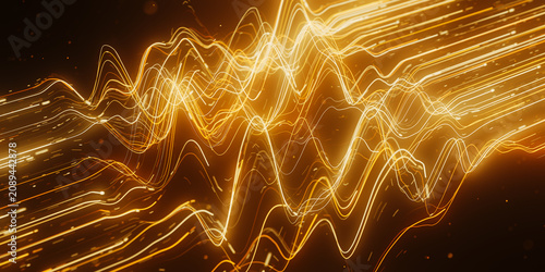 Golden oscillating light trail in abstract 3D quantum data visualization with magic particles.