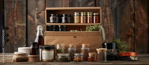 A variety of spices and jars in a cardboard box on a wooden table.