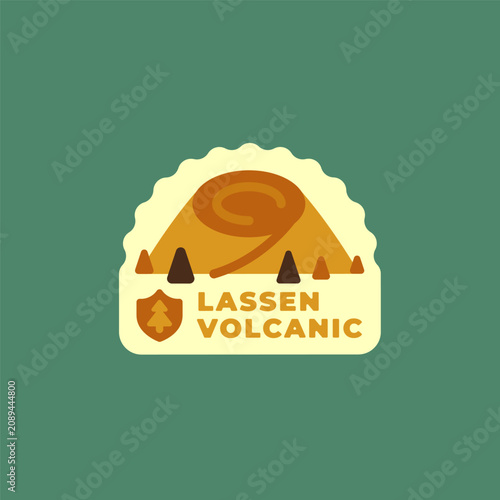 Lassen Volcanic national park sticker vector. Retro travel badge with volcano cone mountain and forest, California landmark flat illustration isolated on green background.