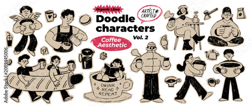 Hand drawn coffee doodle characters collection vector. People drinking coffee, barista making latte art, cozy cafe aesthetic elements set, line art sketches isolated on white background.